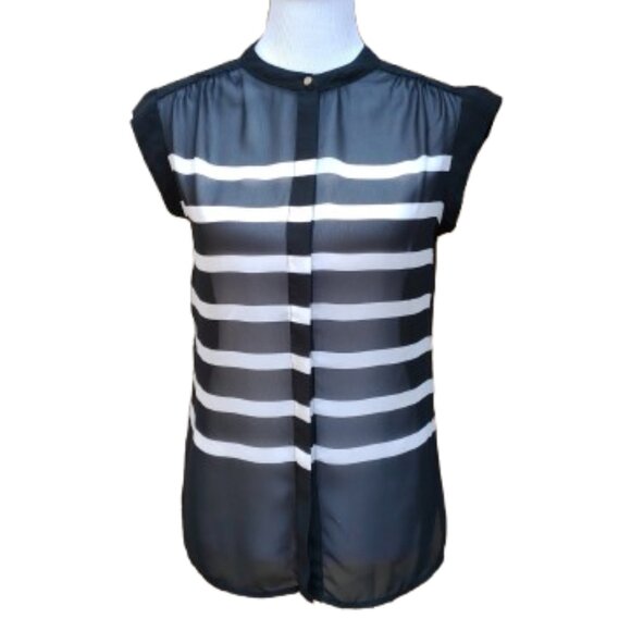 Liz Claiborne Striped Button-Up Blouse Black White Sheer High Neck Short Sleeves - Picture 1 of 11